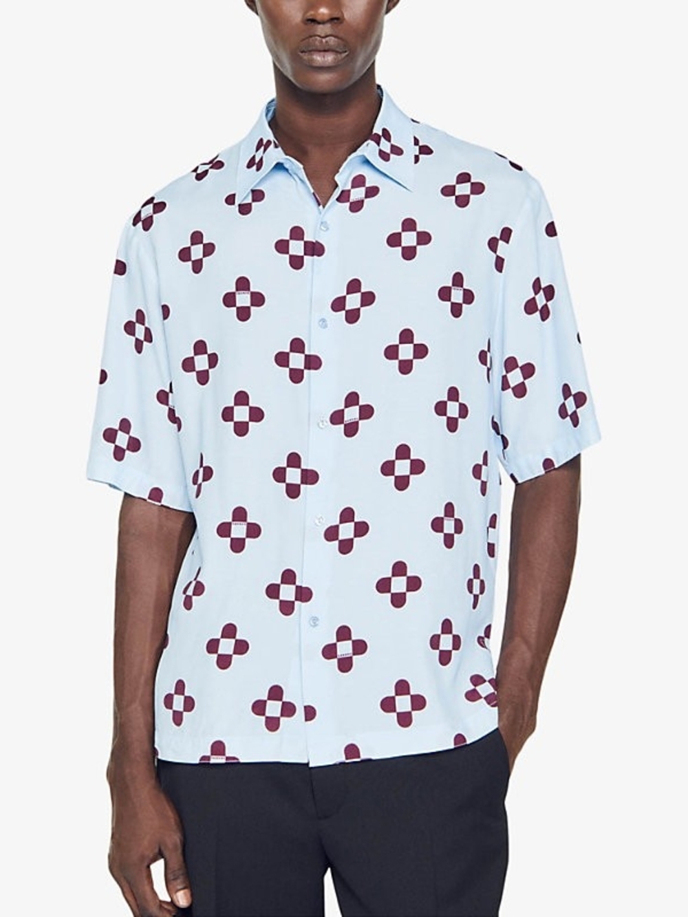 Sandro Light Blue Short-Sleeve Button-Up with Burgundy Geometric Print